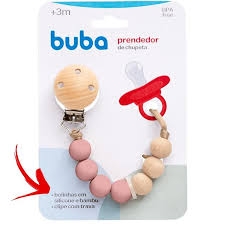 PRENDEDOR DE CHUPETA BUBA SILICONE E BAMBU ROSA