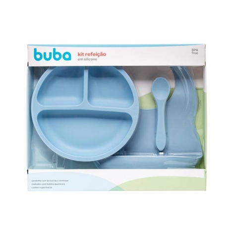 Buba Kit Refeição Em Silicone Azul com prato com ventosas, colher e babador