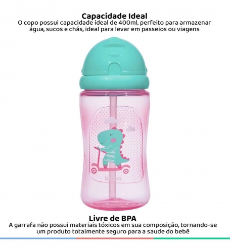 Buba Garrafinha com canudo Dino Patinete Rosa/verde 400mL