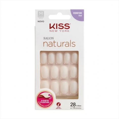 Unha Postiça Kiss New York Salon Naturals Oval Medio 28 Unidades