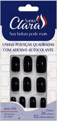 Unha Postica Quadrada com adesivo autocolante cor Preta com 24 unidades Santa Clara