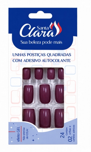Unha Postica Quadrada com adesivo autocolante cor vinho com 24 unidades Santa Clara